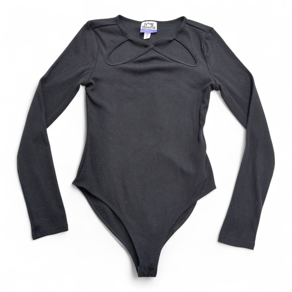 Kahlana Barfield Brown Black Ribbed Long-Sleeve Bodysuit XS